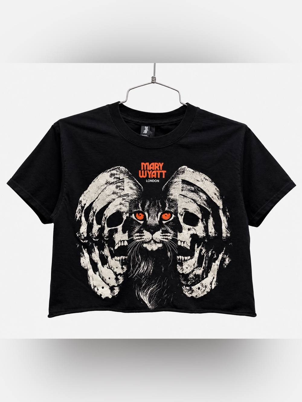 Mary Wyatt London Goth Cat Skull Graphic Cropped Tee Black Small